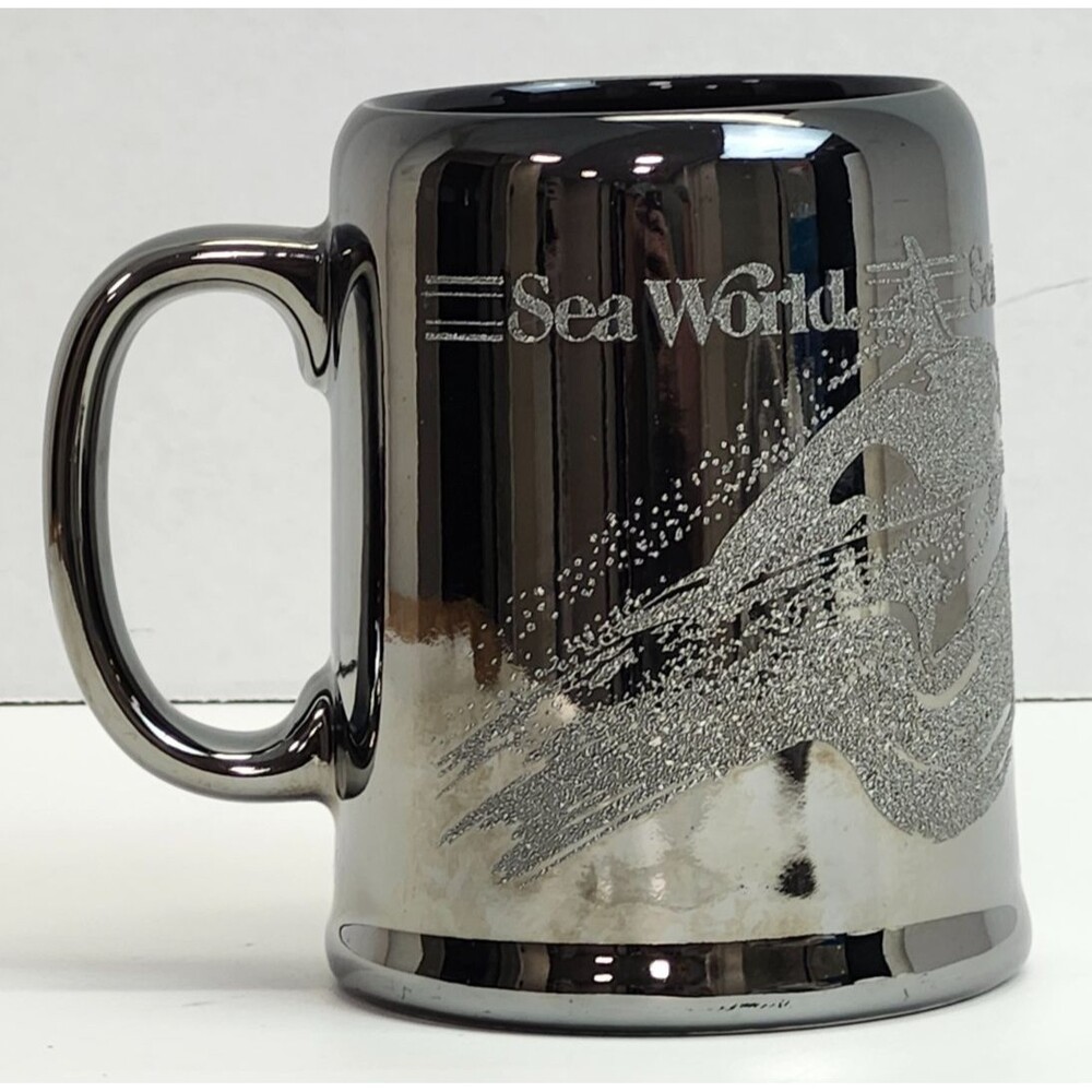 Sea World Coffee Tea Java Cup Mug Shamu Orca Killer Whale Chrome Mirror Finish